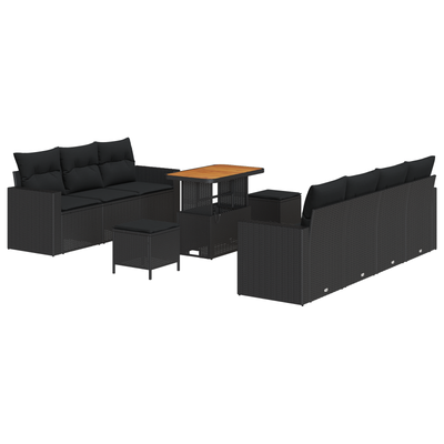10 Piece Garden Sofa Set with Cushions Black Poly Rattan Acacia