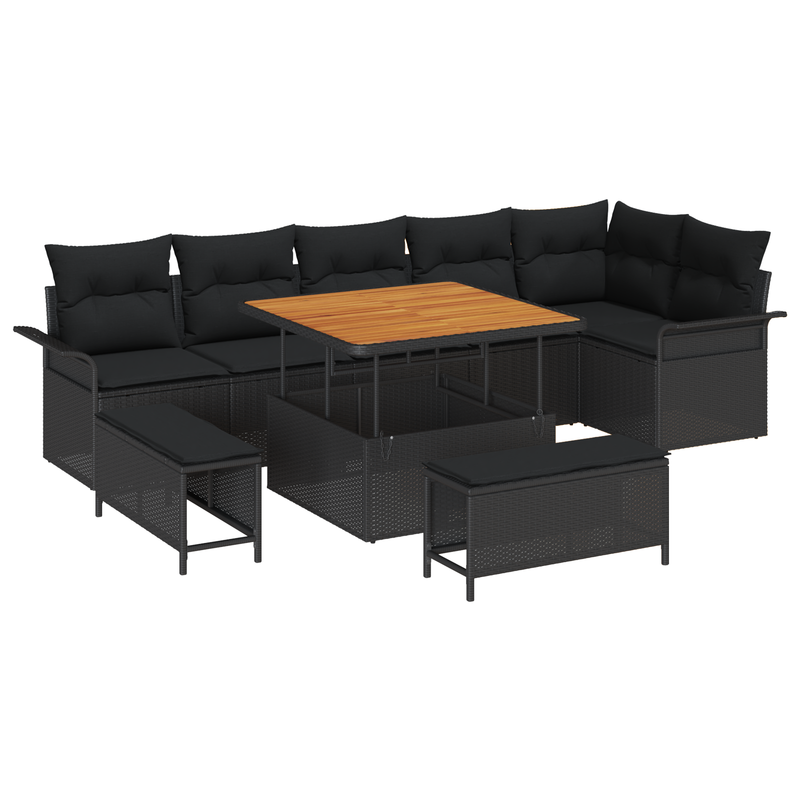 9 Piece Garden Sofa Set with Cushions Black Poly Rattan Acacia