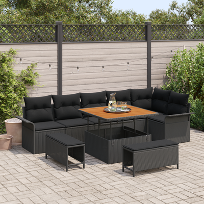 9 Piece Garden Sofa Set with Cushions Black Poly Rattan Acacia