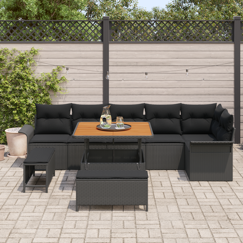 9 Piece Garden Sofa Set with Cushions Black Poly Rattan Acacia