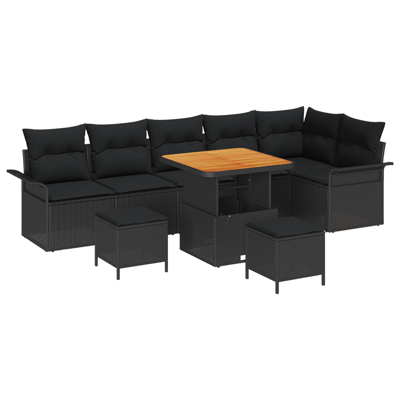 9 Piece Garden Sofa Set with Cushions Black Poly Rattan Acacia