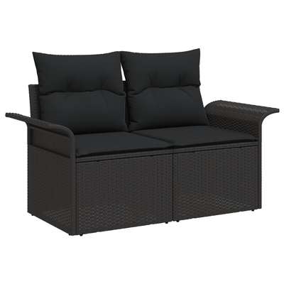 9 Piece Garden Sofa Set with Cushions Black Poly Rattan Acacia