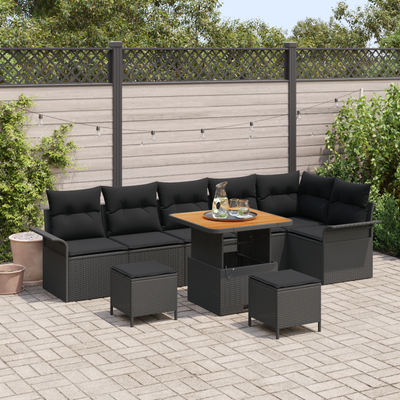 9 Piece Garden Sofa Set with Cushions Black Poly Rattan Acacia