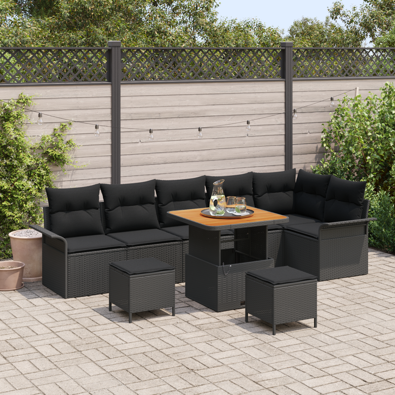 9 Piece Garden Sofa Set with Cushions Black Poly Rattan Acacia