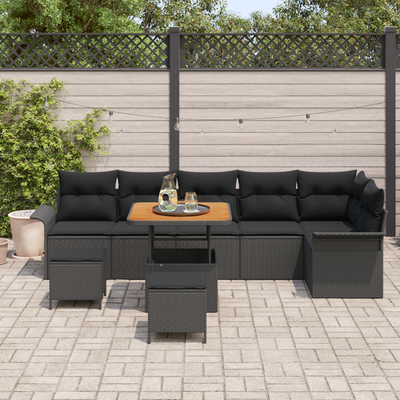 9 Piece Garden Sofa Set with Cushions Black Poly Rattan Acacia