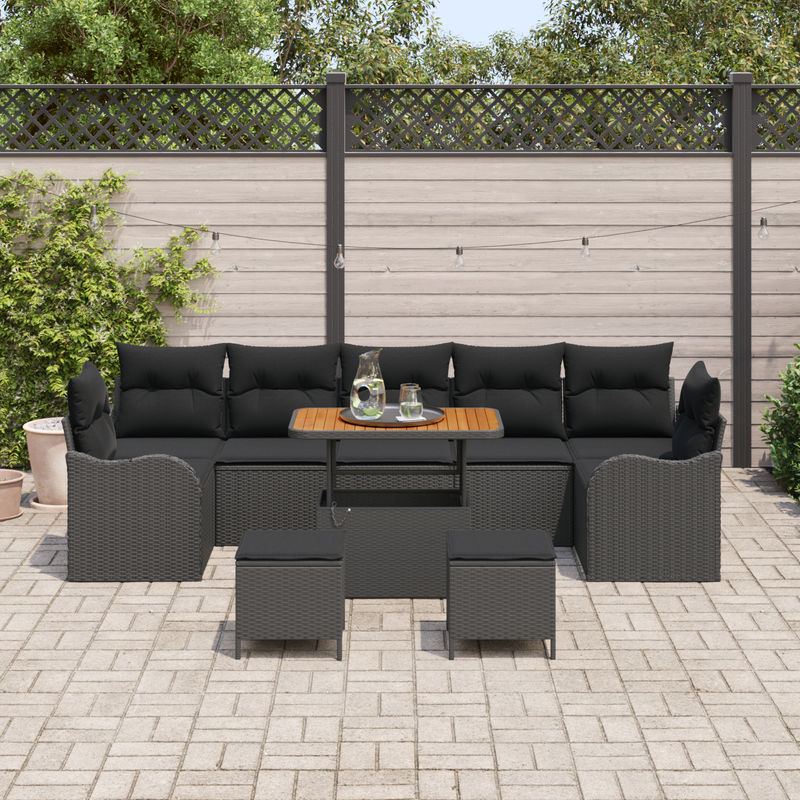 10 Piece Garden Sofa Set with Cushions Black Poly Rattan Acacia