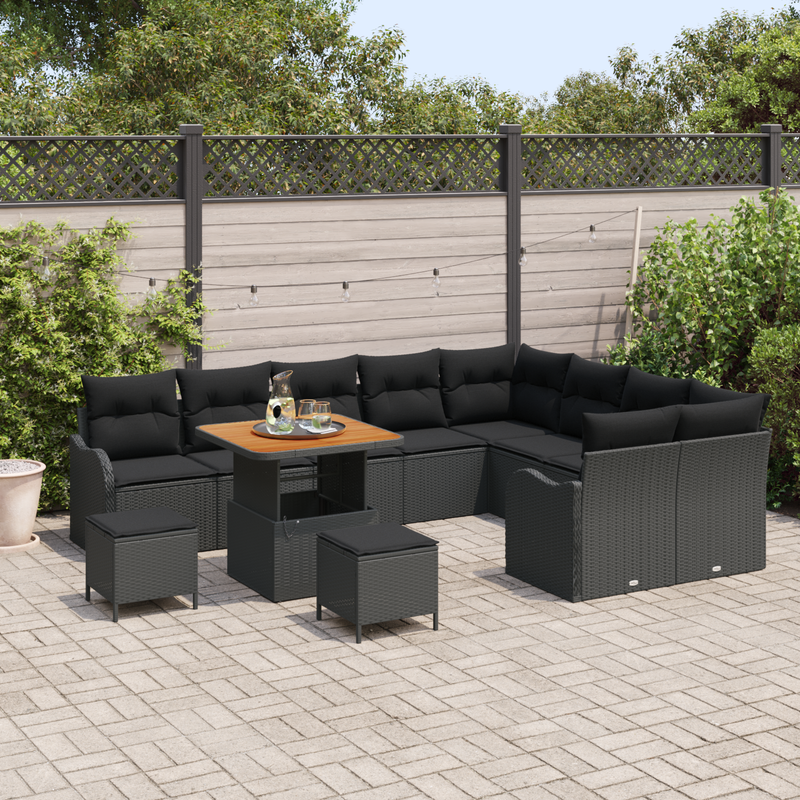 12 Piece Garden Sofa Set with Cushions Black Poly Rattan Acacia
