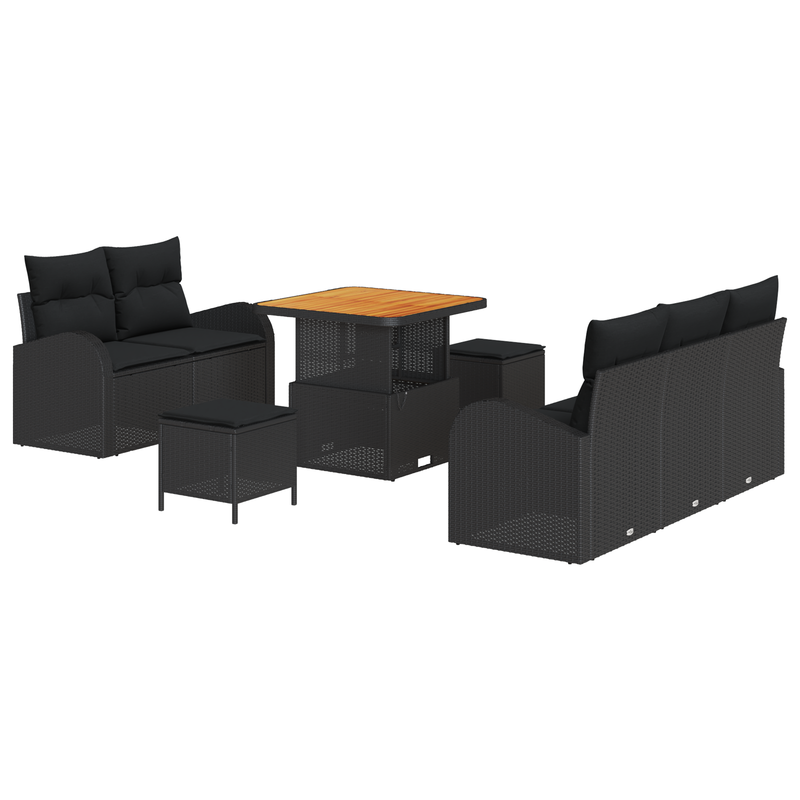 8 Piece Garden Sofa Set with Cushions Black Poly Rattan Acacia