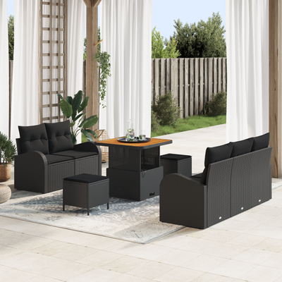 8 Piece Garden Sofa Set with Cushions Black Poly Rattan Acacia