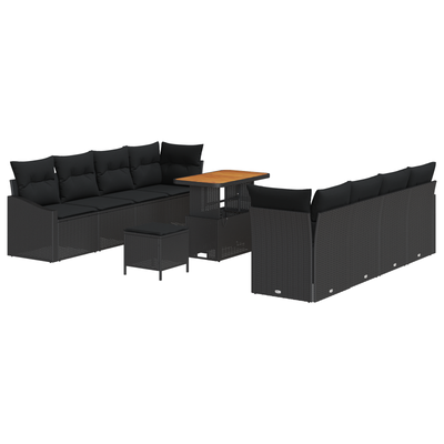 11 Piece Garden Sofa Set with Cushions Black Poly Rattan Acacia