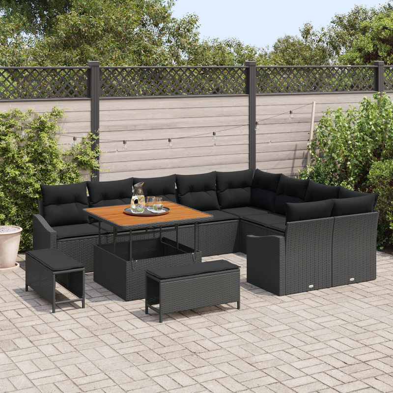 12 Piece Garden Sofa Set with Cushions Black Poly Rattan Acacia