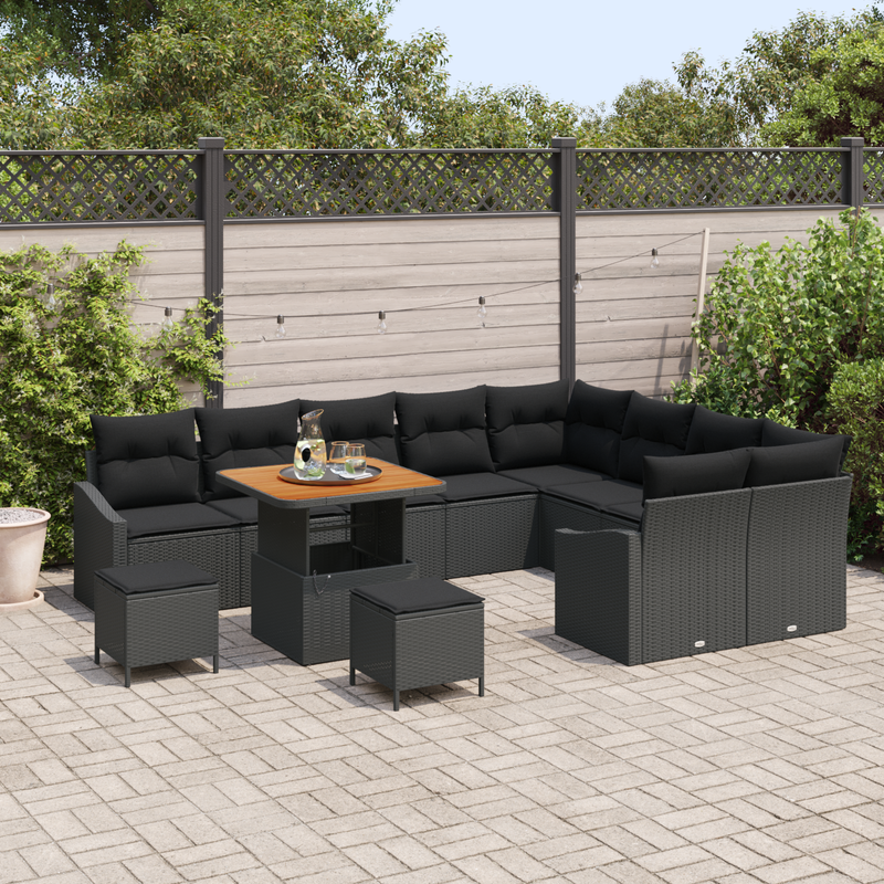 12 Piece Garden Sofa Set with Cushions Black Poly Rattan Acacia