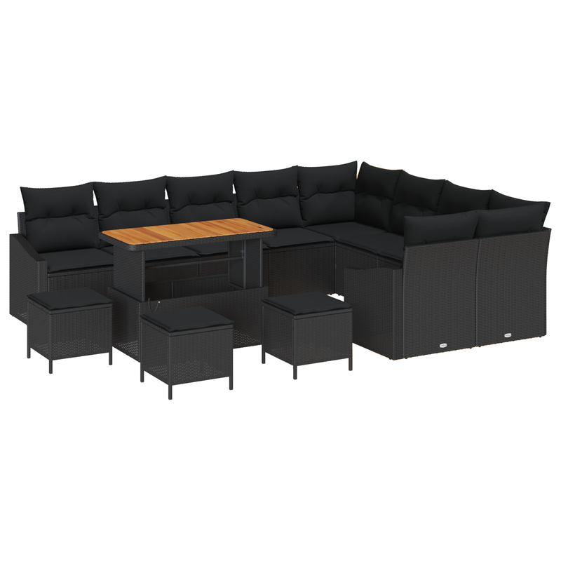 13 Piece Garden Sofa Set with Cushions Black Poly Rattan Acacia