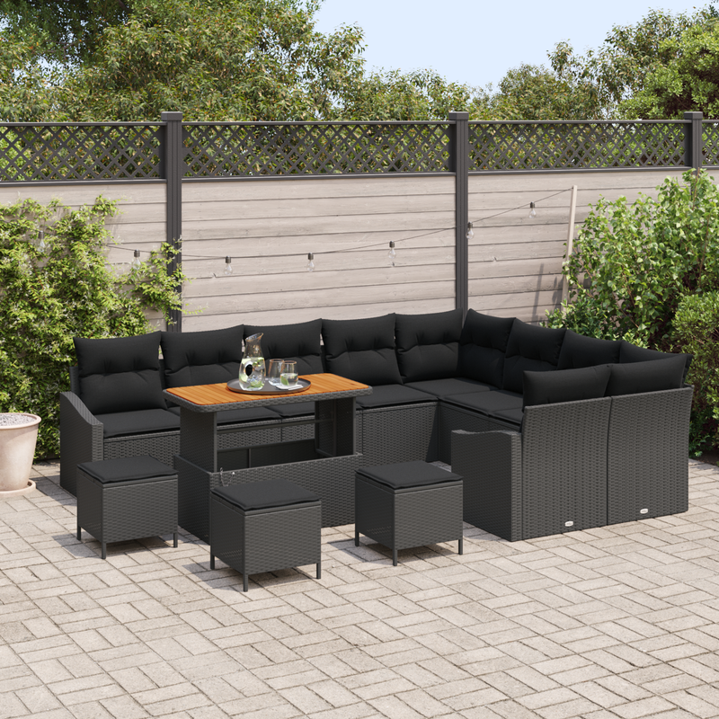 13 Piece Garden Sofa Set with Cushions Black Poly Rattan Acacia