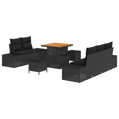 8 Piece Garden Sofa Set with Cushions Black Poly Rattan Acacia