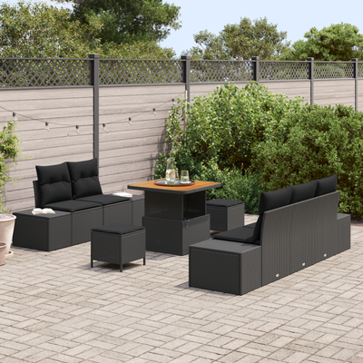 8 Piece Garden Sofa Set with Cushions Black Poly Rattan Acacia