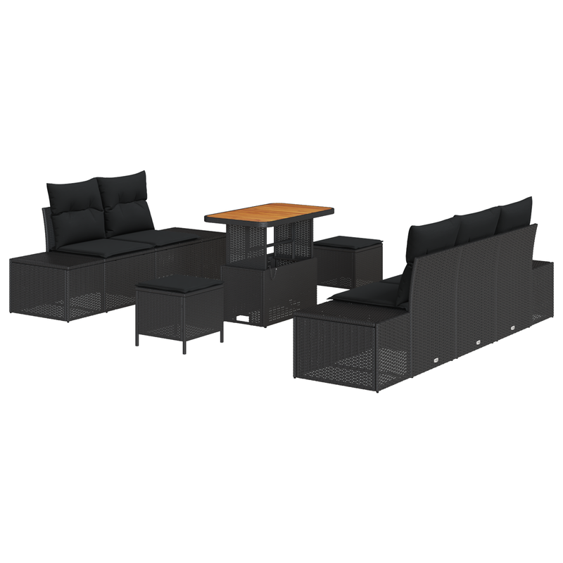 8 Piece Garden Sofa Set with Cushions Black Poly Rattan Acacia