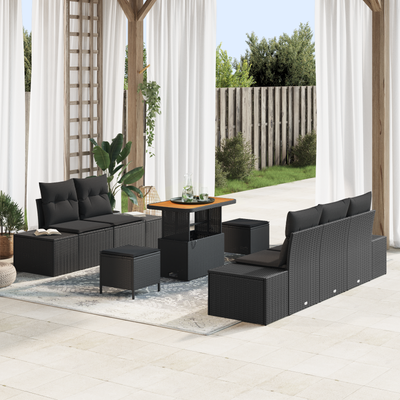8 Piece Garden Sofa Set with Cushions Black Poly Rattan Acacia