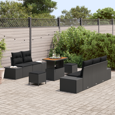 8 Piece Garden Sofa Set with Cushions Black Poly Rattan Acacia