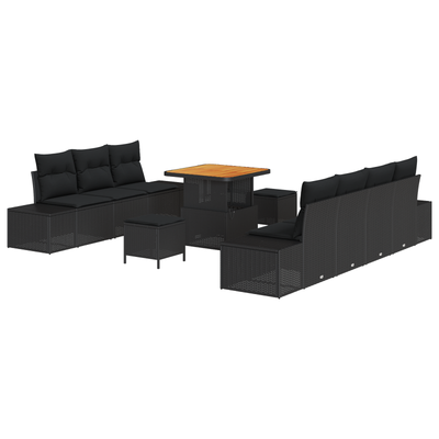 10 Piece Garden Sofa Set with Cushions Black Poly Rattan Acacia