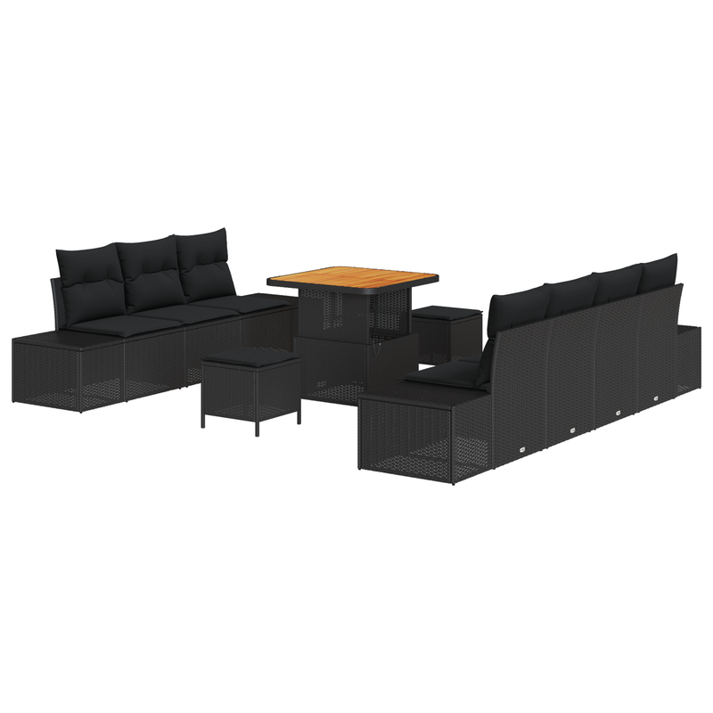 10 Piece Garden Sofa Set with Cushions Black Poly Rattan Acacia