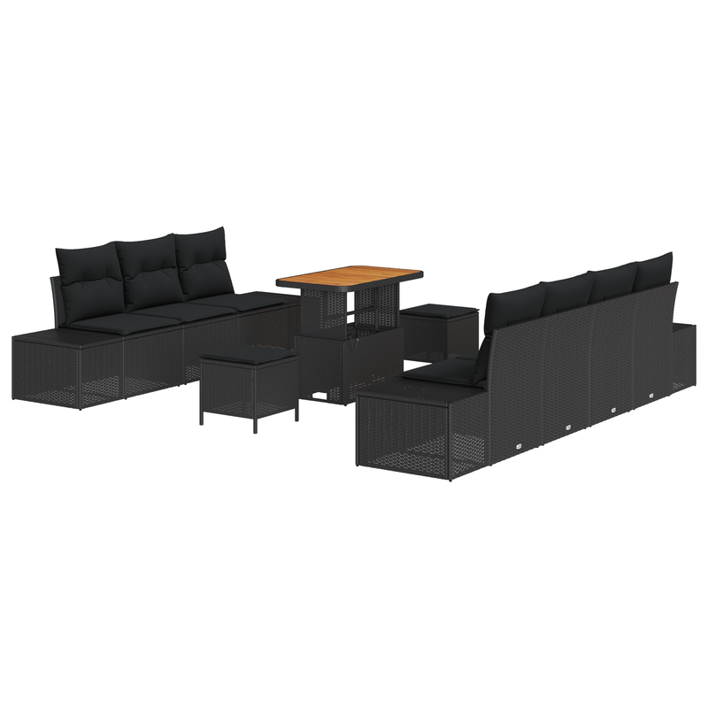 10 Piece Garden Sofa Set with Cushions Black Poly Rattan Acacia