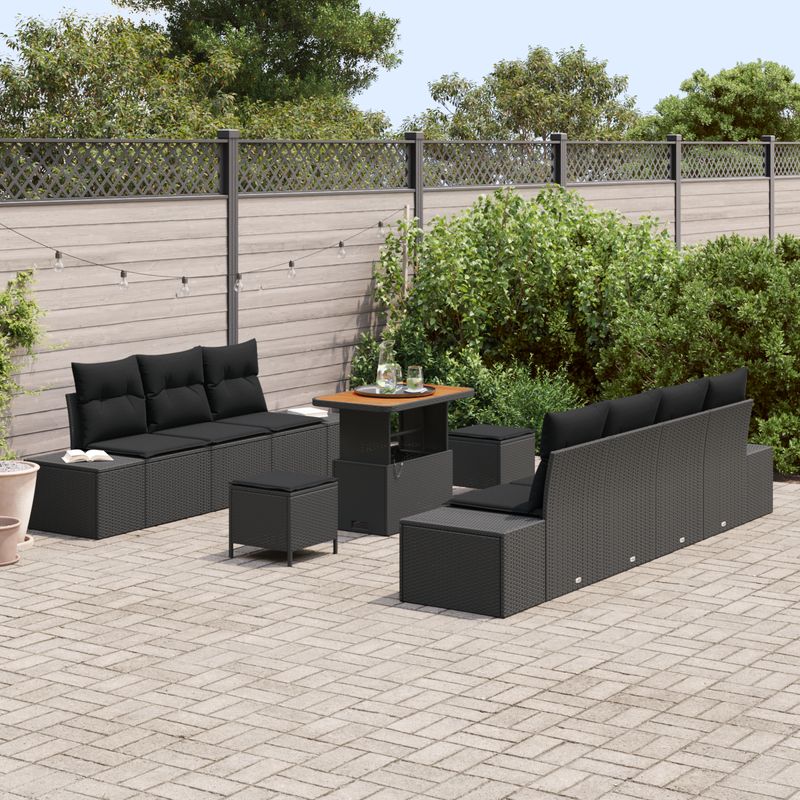 10 Piece Garden Sofa Set with Cushions Black Poly Rattan Acacia