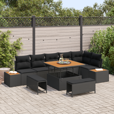 9 Piece Garden Sofa Set with Cushions Black Poly Rattan Acacia