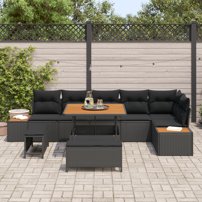 9 Piece Garden Sofa Set with Cushions Black Poly Rattan Acacia