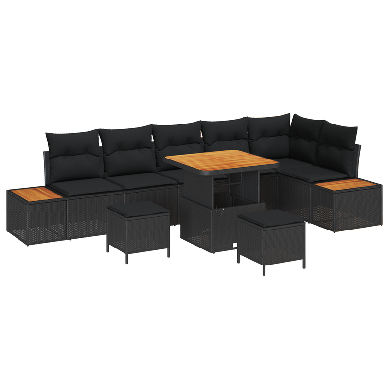 9 Piece Garden Sofa Set with Cushions Black Poly Rattan Acacia