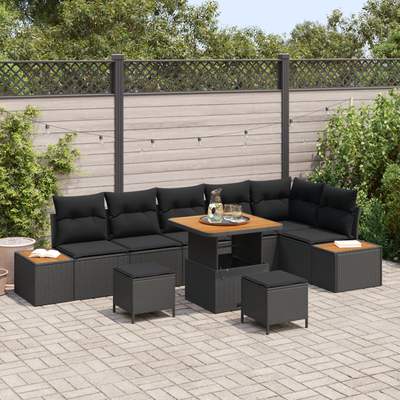 9 Piece Garden Sofa Set with Cushions Black Poly Rattan Acacia