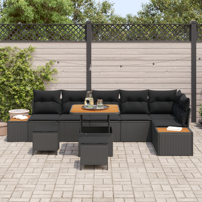 9 Piece Garden Sofa Set with Cushions Black Poly Rattan Acacia