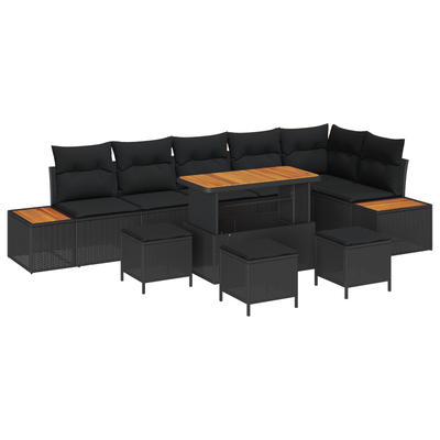 10 Piece Garden Sofa Set with Cushions Black Poly Rattan Acacia