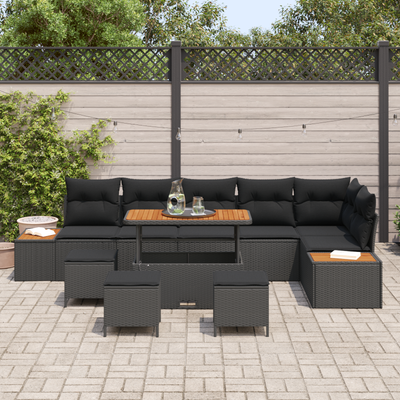 10 Piece Garden Sofa Set with Cushions Black Poly Rattan Acacia