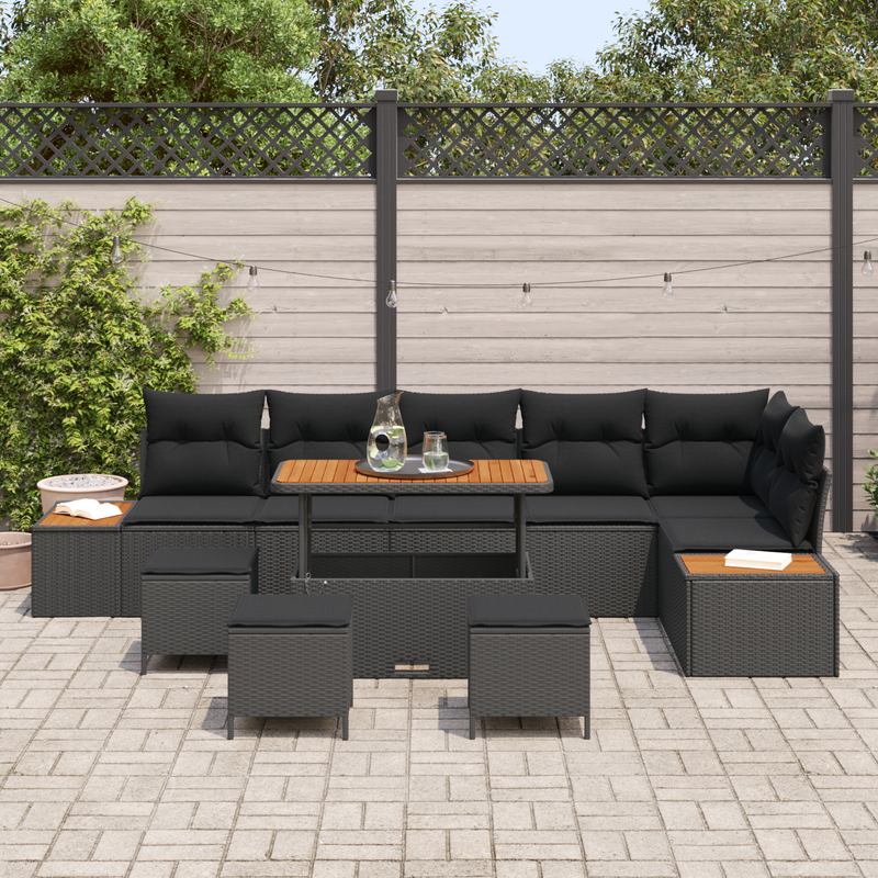 10 Piece Garden Sofa Set with Cushions Black Poly Rattan Acacia