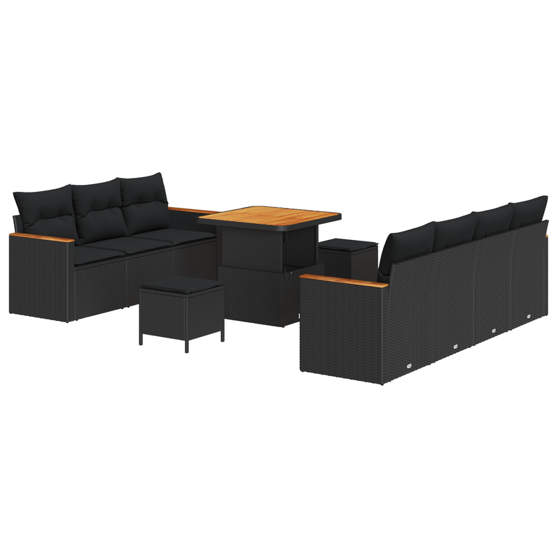 10 Piece Garden Sofa Set with Cushions Black Poly Rattan Acacia