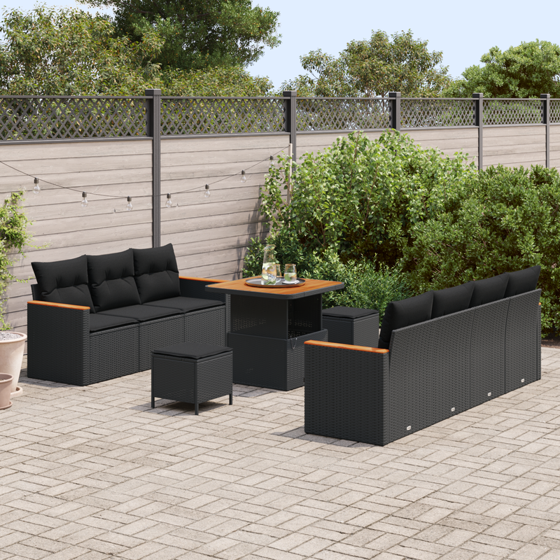 10 Piece Garden Sofa Set with Cushions Black Poly Rattan Acacia