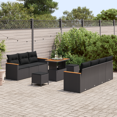10 Piece Garden Sofa Set with Cushions Black Poly Rattan Acacia