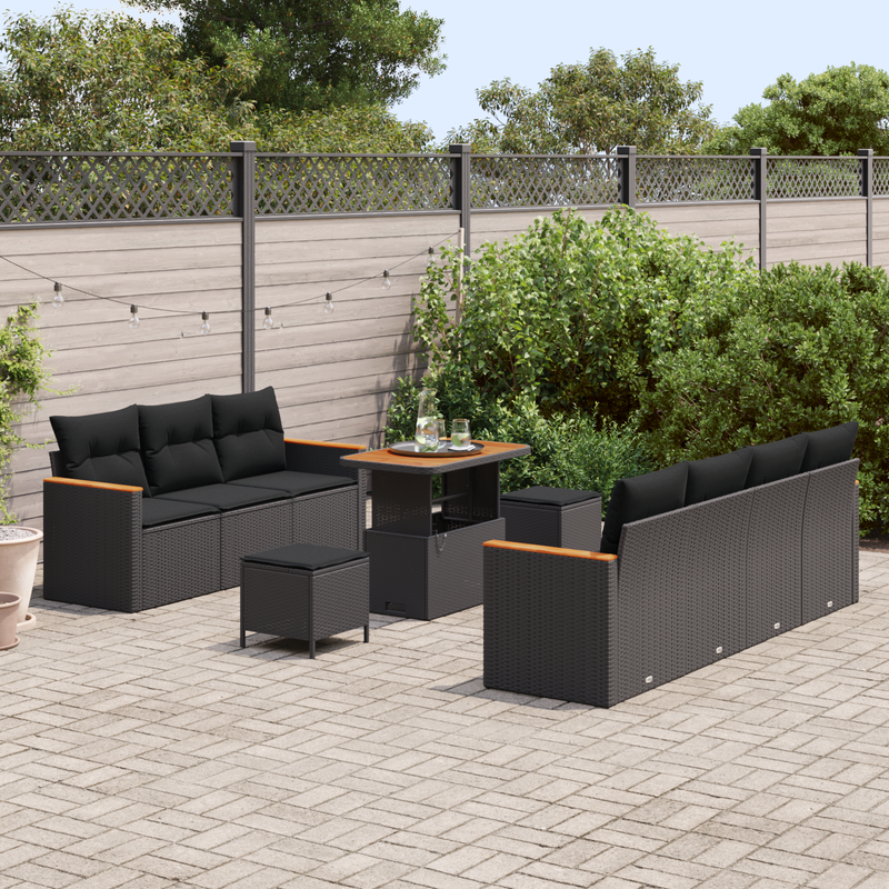 10 Piece Garden Sofa Set with Cushions Black Poly Rattan Acacia