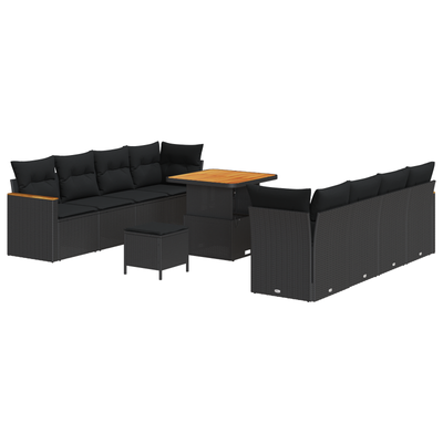 11 Piece Garden Sofa Set with Cushions Black Poly Rattan Acacia