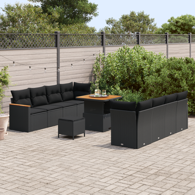 11 Piece Garden Sofa Set with Cushions Black Poly Rattan Acacia