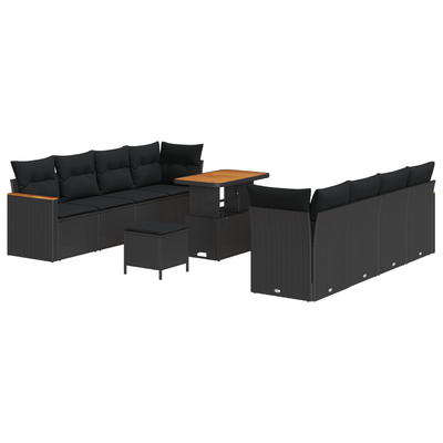 11 Piece Garden Sofa Set with Cushions Black Poly Rattan Acacia