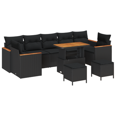 10 Piece Garden Sofa Set with Cushions Black Poly Rattan Acacia