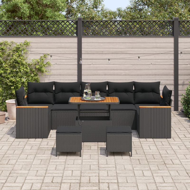 10 Piece Garden Sofa Set with Cushions Black Poly Rattan Acacia