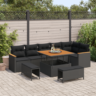 9 Piece Garden Sofa Set with Cushions Black Poly Rattan Acacia