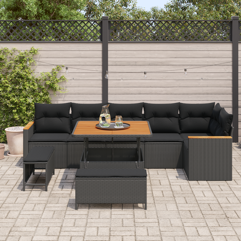 9 Piece Garden Sofa Set with Cushions Black Poly Rattan Acacia