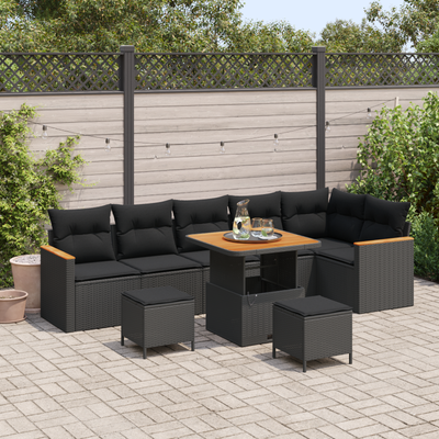 9 Piece Garden Sofa Set with Cushions Black Poly Rattan Acacia