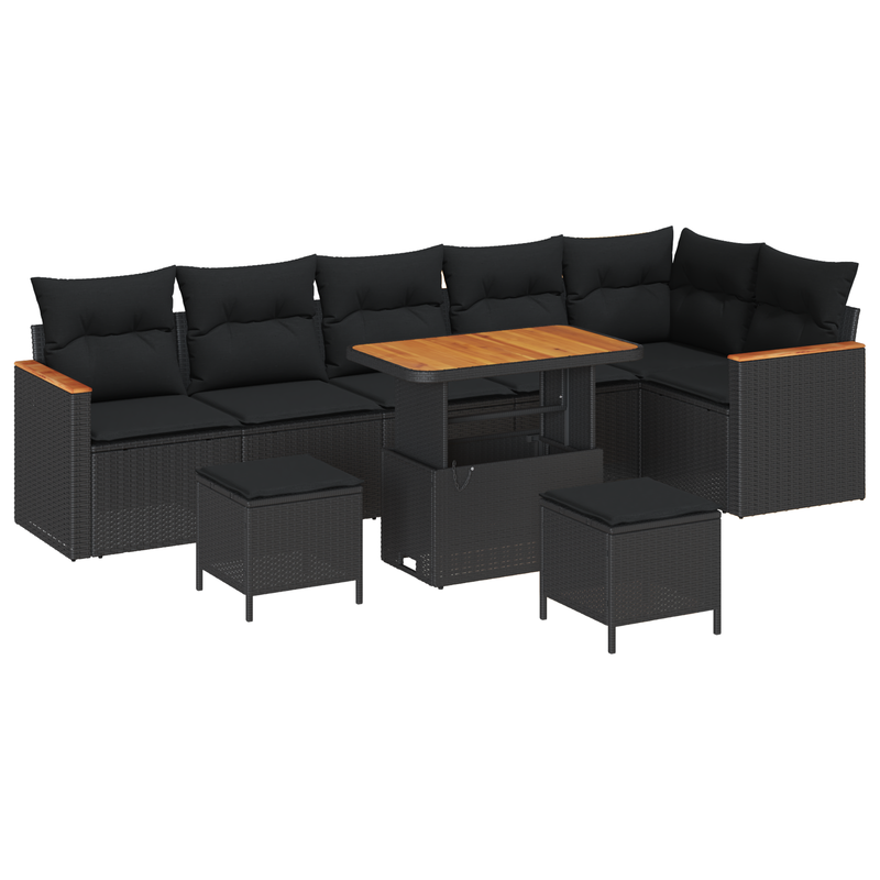 9 Piece Garden Sofa Set with Cushions Black Poly Rattan Acacia