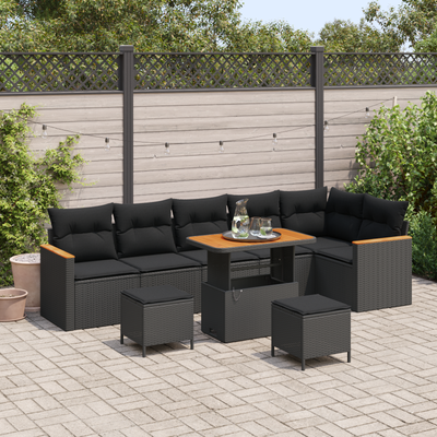 9 Piece Garden Sofa Set with Cushions Black Poly Rattan Acacia