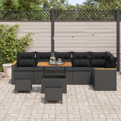 9 Piece Garden Sofa Set with Cushions Black Poly Rattan Acacia